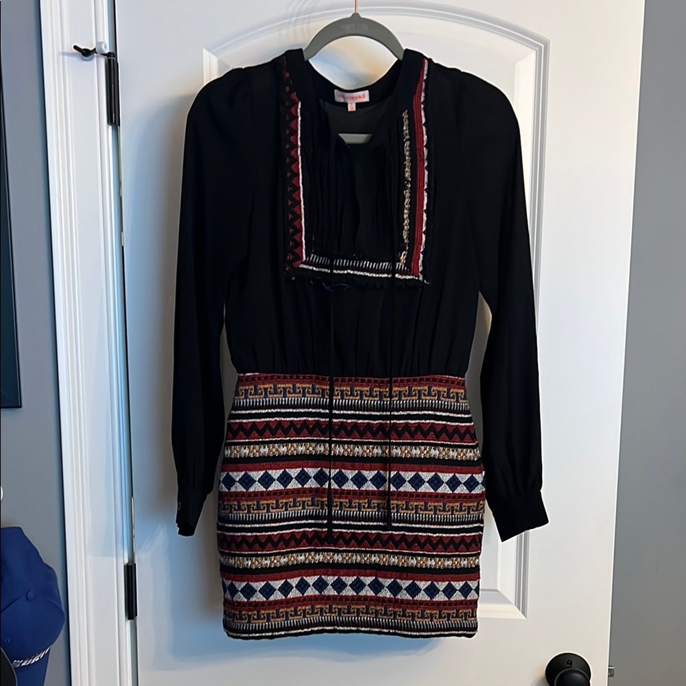Black Long Sleeve Dress with Multicolor Embroidered Skirt